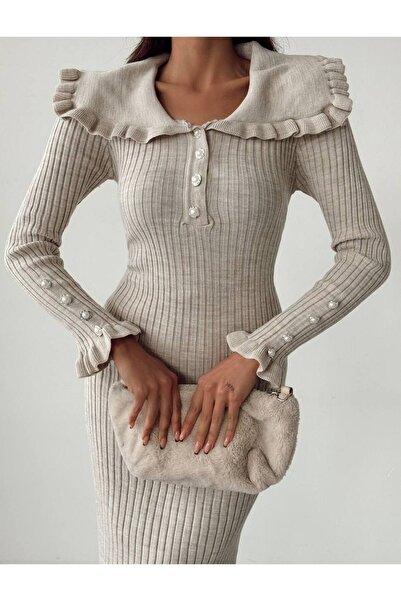 Lusin Rochie de damă, elegantă, lungă, tricotată, cu mâneci pietre și detalii cu volane