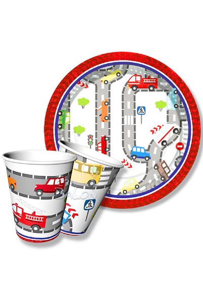 turkuaz parti 8-Piece Traffic Themed Cardboard Plate and Cup Set