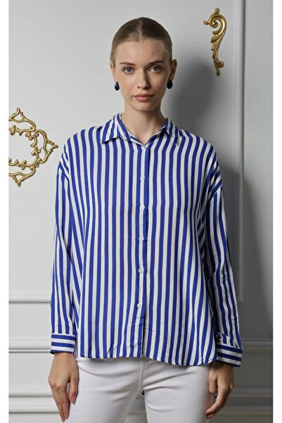 BUUFUU Вискозна дамска риза - с дълъг ръкав, на райе и стилна