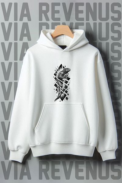 Vordevia White Hooded Kangaroo Printed Wide Fit Sweatshirt - 3 Thread Raster