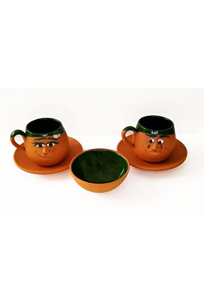 HerşeyTopraktan Emojili 3 Lü Toprak Fincan Takımı Yeşil