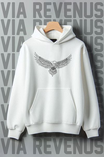 Vordevia White Hooded Sweatshirt - Eagle Printed, Kangaroo Pocket, 3 Thread Raster, Wide Fit