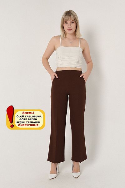 Mogi Butik 3002 Brown Palazzo High Waist Pocket Woven Women's Trousers