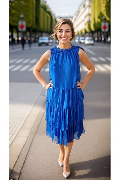 prontoihracat Kadın ,mavi, Italyan Yazlık Ipek Elbise, Kat Kat Elbise, Halter Yaka Elbise