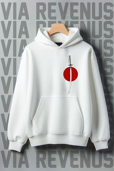 Vordevia White Hooded Katana Printed Wide Fit Sweatshirt - 3 Thread Raster