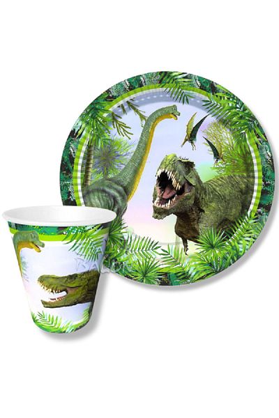turkuaz parti 8-PIECE JURASSIC-DINAZOR THEMA CARDON PLATE AND CUP SET