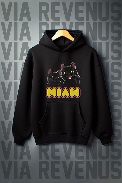 Vordevia Wide Fit - 3 Thread Black Hooded Sweatshirt with Cat Print and Kangaroo Pocket