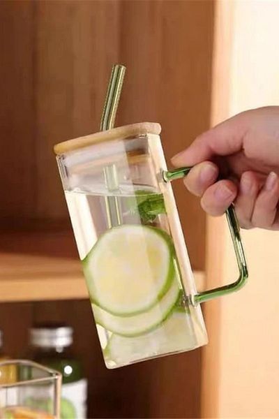 FORSEİ LUCA 300ml Smoothie Cocktail Cup with Bamboo Lid - Heat ResIstant, Cold Coffee Colored Glass Mug