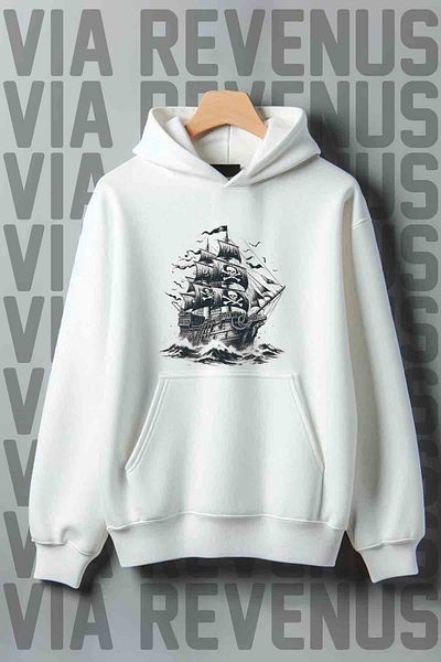 Vordevia Ribbed Ship Printed Oversize Hooded Sweatshirt - Kangaroo Pocket, 3 Thread
