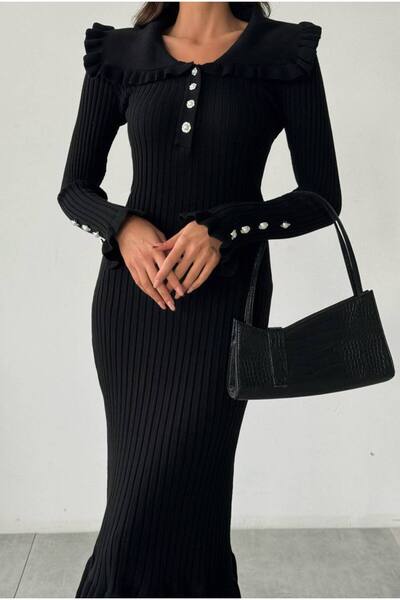 Lusin Γυναικείο μαύρο μανίκι με κουμπιά και βολάν Λεπτομερές κομψό μακρύ πλεκτό φόρεμα