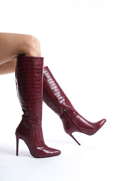 Shoesers Cizme de damă cu toc înalt Croco Design - vârf ascuțit, jumătate cu fermoar