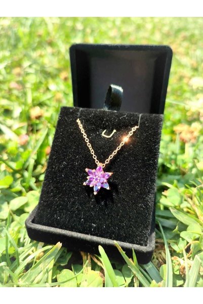Aurora Jewelry Kadın Rose Gold Zincir Kaplama Zirkon Taşlı Mor Lotus Çiçeği Kolye