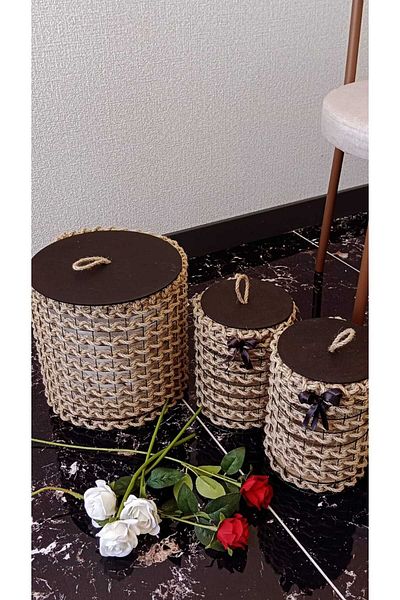 Egindra Set organizator din 3 piese din paie - cu capac din lemn, decorativ, organizator