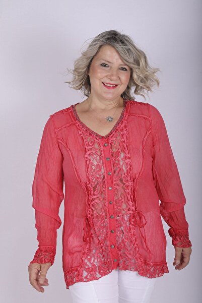 Hitit Butik Dantelli Şifon Kırmızı Gömlek Bluz