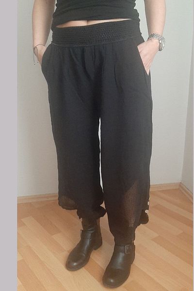 AYASOFYA OTANTIK Women's Black Linen Trousers with Mesh and Button Detail