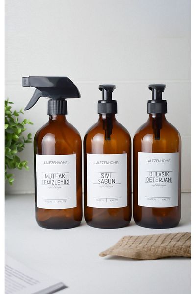 LALEZEN HOME Amber Glass Bottle 500ml Απορρυπαντικό πιάτων - Σετ 3 με Ετικέτα Καθαριστικού Κουζίνας
