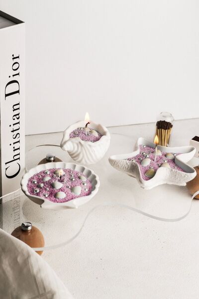 LALEZEN HOME Pembe İnci Tozu Mumlu Deniz Kabuk Modeli 3lü Set