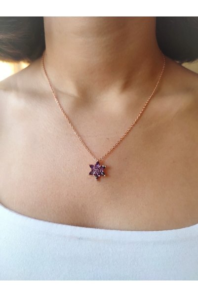 Aurora Jewelry Kadın Rose Gold Zincir Kaplama Zirkon Taşlı Mor Lotus Çiçeği Kolye