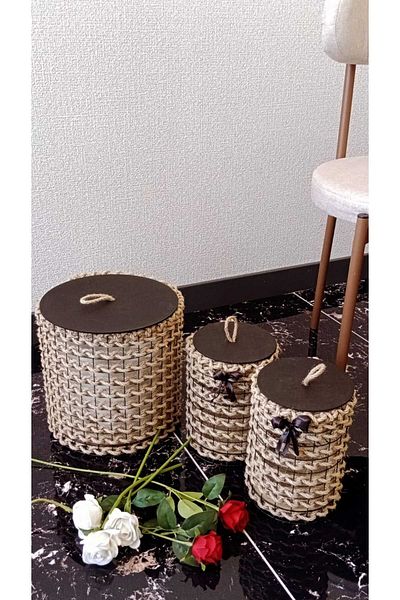 Egindra Set organizator din 3 piese din paie - cu capac din lemn, decorativ, organizator