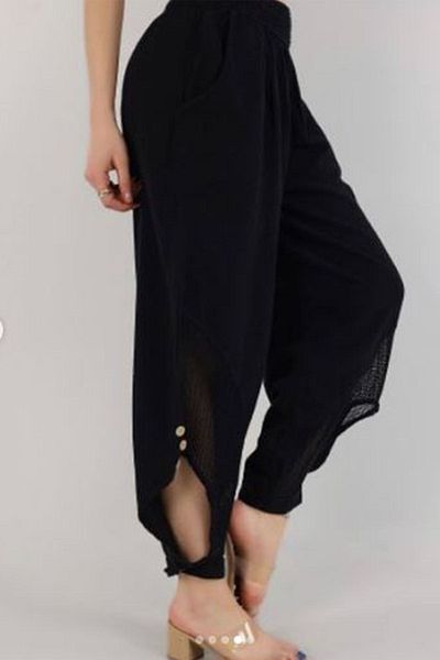 AYASOFYA OTANTIK Women's Black Linen Trousers with Mesh and Button Detail
