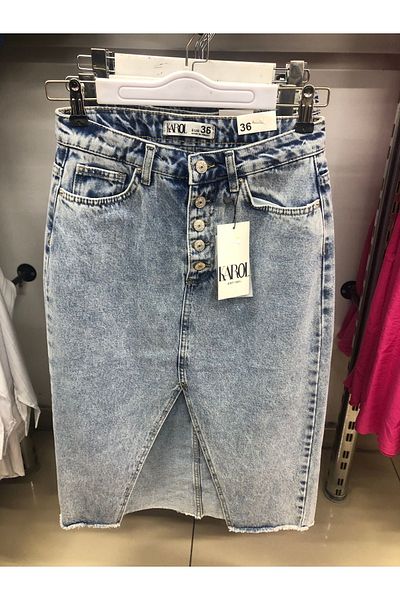 KAROL Lycra Free Karlamalı Blue Front Slit Denim Skirt