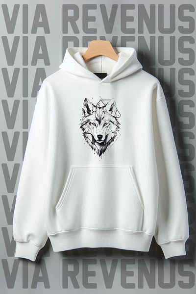 Vordevia White Wolf Printed Wide Fit Sweatshirt - Kangaroo Pocket, 3 Thread Raster