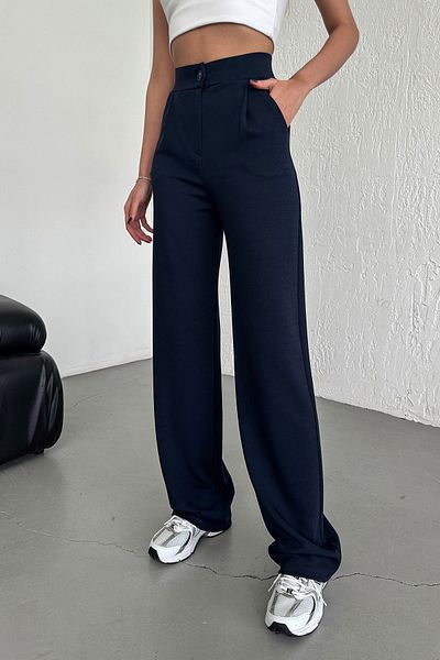 Warasiva Navy Blue High Waist Stretchy Palazzo Pants - Pleated and Buttoned