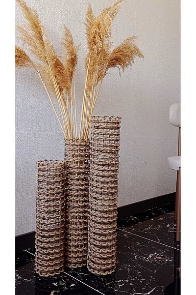 Egindra Set of 3 Wicker Braided Metal Wire Vase - 50 60 70 cm