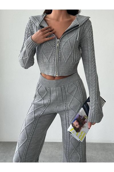 Lusin Szürke kapucnis Crop kardigán és nadrág kötöttáru szett - S/M