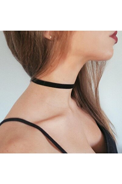 Nishstyle Ekstra Ince Boyunlar Için 1 Cm Siyah Kadife Asansörlü Choker Kolye