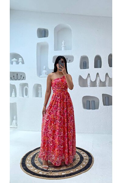 S&A Collectionn Ροζ Γυναικείο φόρεμα σιφόν με φλοράλ γραμμή με έναν ώμο