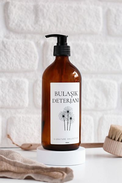 LALEZEN HOME Απορρυπαντικό πιάτων Κεχριμπάρι Γυάλινο Μπουκάλι με Λουλούδια και Λευκή Ετικέτα 500 Ml