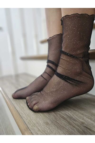 MaChausette Simli Siyah Tül Çorap