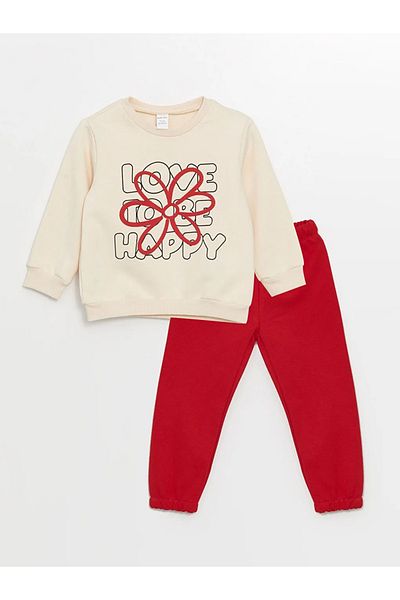 LC Waikiki Lcw Baby Cream Color - Floral Patterned Baby Girl Sweatshirt and Pants Set
