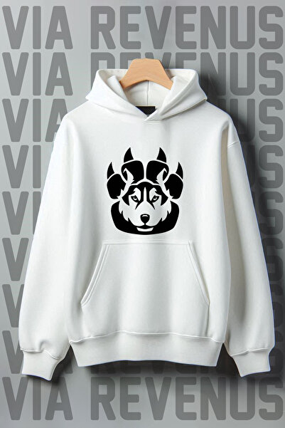 Vordevia Hanorac cu imprimeu lup alb cu croială largă - buzunar cangur, raster cu 3 fire