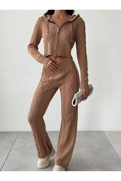 Lusin Brown Hooded Crop Cardigan and Trousers Set - S/m