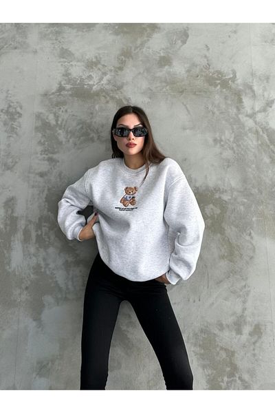 S&A Collectionn Hanorac oversize din bumbac cu ursuleț de pluș brodat unisex - decolteu