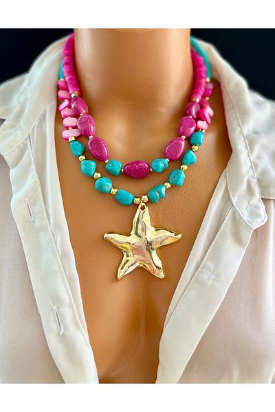 Limi Design Gold Star Accessory - Turquoise and Bead Design Necklace