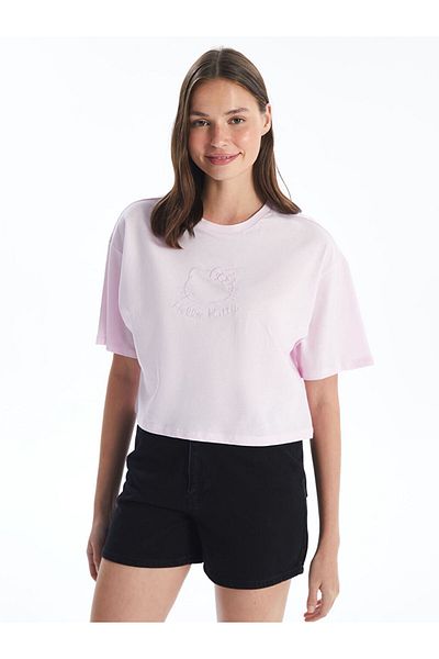 LC Waikiki Übergroßes Damen-Crop-Top mit Hello Kitty-Stickerei – Rundhalsausschnitt, kurze Ärmel