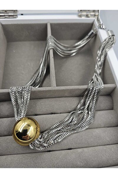 YUGENCONCEPT Çoklu Zincir Gümüş Altın Top Çelik Kolye