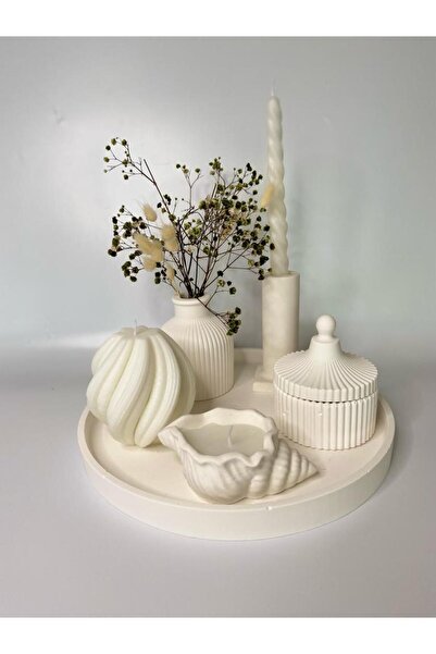 Görke Tasarım 7 Parça Modern Dekoratif Beton Sunumluk Tepsi Mum Seti