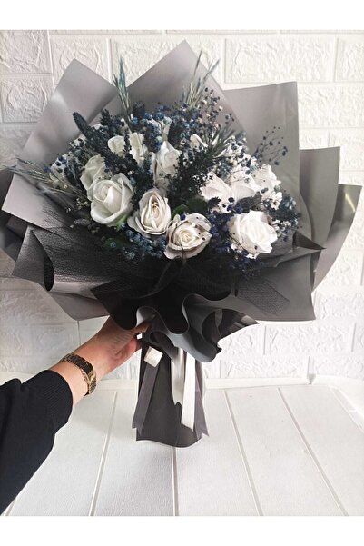 Nikadu Beyaz Gül Kız Isteme Buketi, 19 Gül Yapay Çiçek Buketi/lacivert Kız Is...