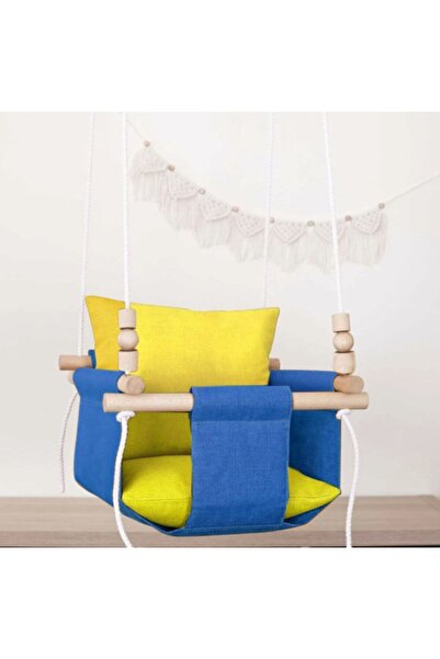 mammoly Sarı Lacivet Ahşap Çift Yastıklı Bebek&çocuk Ev Salıncağı, Hamak, Tav...