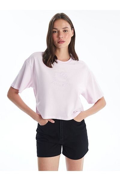 LC Waikiki Übergroßes Damen-Crop-Top mit Hello Kitty-Stickerei – Rundhalsausschnitt, kurze Ärmel