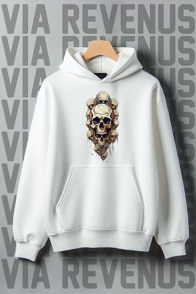 Vordevia Kangaroo Printed 3 Thread Oversize Hooded Sweatshirt - Skull