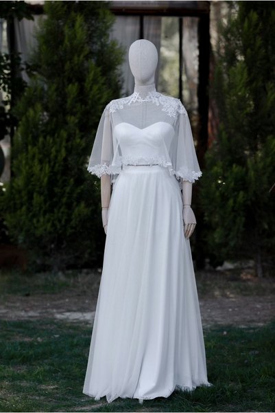 bride in love Iki Parca Uzun Etekli, Pelerinli Licra Tül Gelinlik