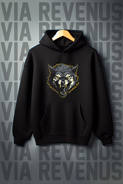 Vordevia Світшот з капюшоном - з принтом вовка, кишенею-кенгуру, 3-нитковим ш...