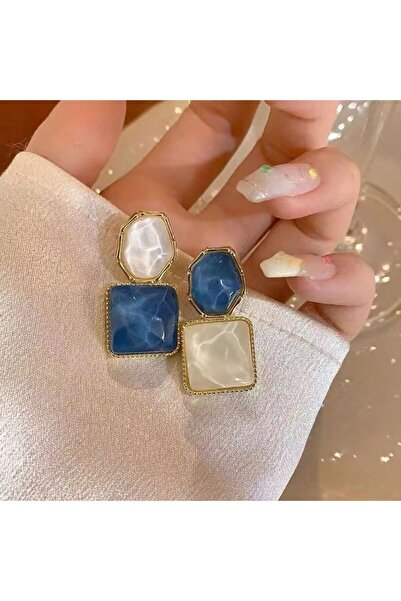 Çelik Mavi Dalga Efektli Sallantılı Geometrik Çelik Küpe