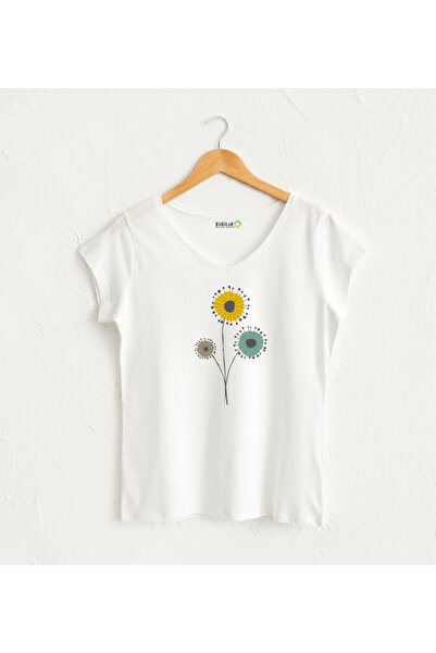 Kidilia تي شيرت نسائي بتصميم الهندباء الملونة برقبة على شكل حرف V