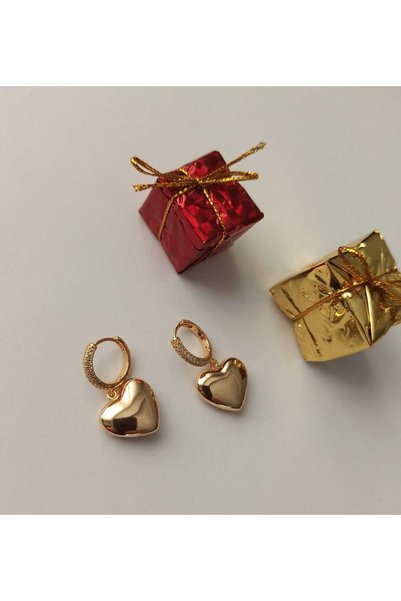 Simge Gümüş Gold Zircon Stone Stylish Heart Earrings